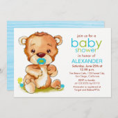 かわいい水色のベビークマ男の子ベビーシャワー 招待状 (正面/裏面)