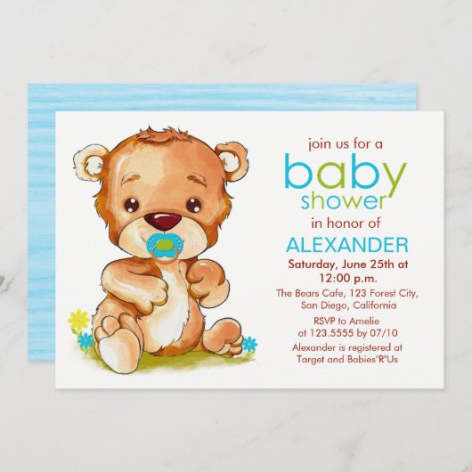 かわいい水色のベビークマ男の子ベビーシャワー 招待状 (正面/裏面)