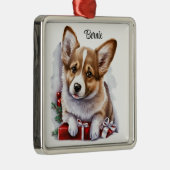かわいい水色のペンブロークウェルシュコーギー子犬 メタルオーナメント (右)