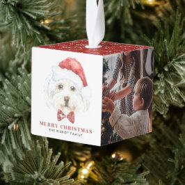 かわいい水色のマルチーズサンタ写真クリスマス キューブオーナメント