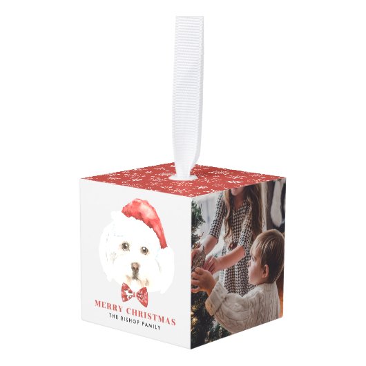 かわいい水色のマルチーズサンタ写真クリスマス キューブオーナメント (正面アングル)