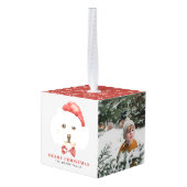 かわいい水色のマルチーズサンタ写真クリスマス キューブオーナメント (裏面アングル)