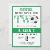 かわいい水色のルーキーサッカーグリーンの誕生日 招待状 (正面)