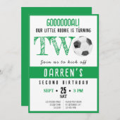 かわいい水色のルーキーサッカーグリーンの誕生日 招待状 (正面/裏面)