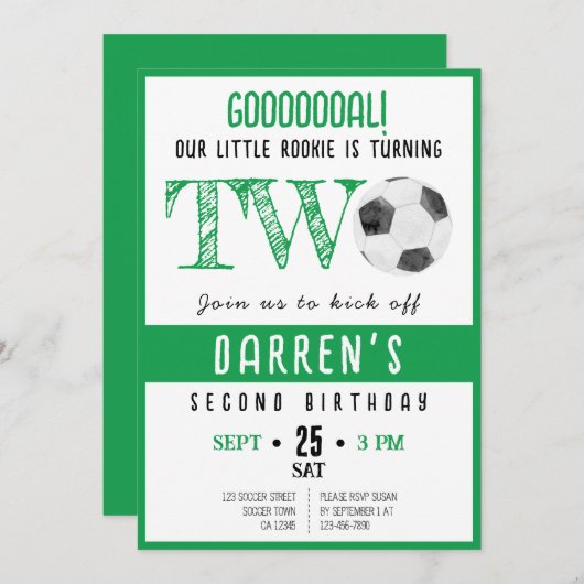 かわいい水色のルーキーサッカーグリーンの誕生日 招待状 (正面/裏面)