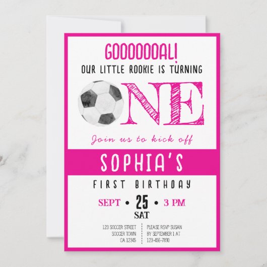 かわいい水色のルーキーサッカーピンク1歳の誕生日 招待状 (正面)