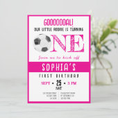 かわいい水色のルーキーサッカーピンク1歳の誕生日 招待状 (スタンド正面)