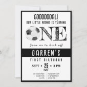 かわいい水色のルーキーサッカーブラック1歳の誕生日 招待状 (正面)