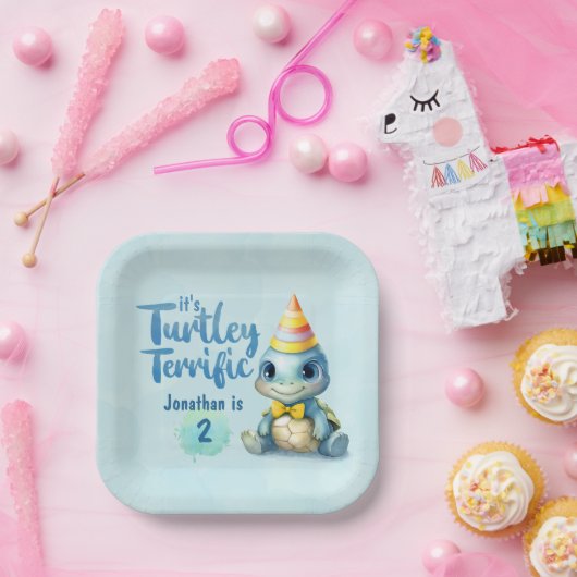 かわいい水色の亀の子供の誕生日 ペーパープレート (パーティー)