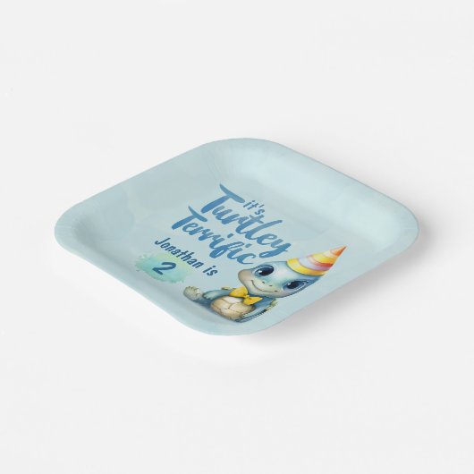 かわいい水色の亀の子供の誕生日 ペーパープレート (傾斜あり)