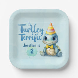 かわいい水色の亀の子供の誕生日 ペーパープレート