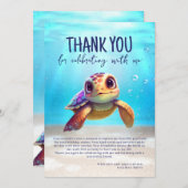 かわいい水色の亀の誕生日写真 サンキューカード (正面/裏面)