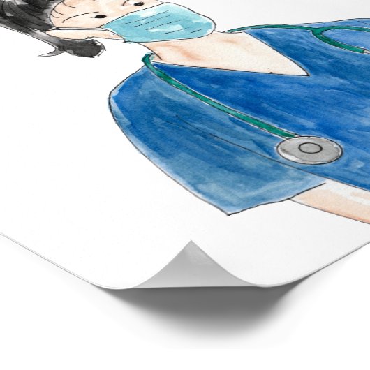 かわいい水色の女性ナース黒髪カスタム ポスター (角)