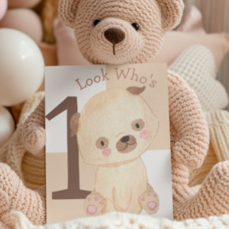 かわいい水色の子犬の名前をカスタムする1st誕生日 カード