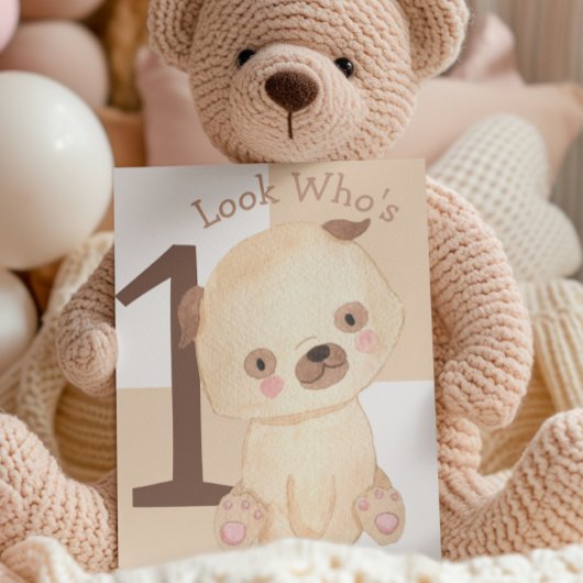 かわいい水色の子犬の名前をカスタムする1st誕生日 カード