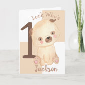 かわいい水色の子犬の名前をカスタムする1st誕生日 カード (正面)