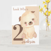 かわいい水色の子犬の名前をカスタムする2nd誕生日 カード (黄色い花)