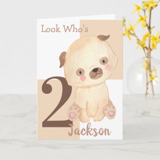 かわいい水色の子犬の名前をカスタムする2nd誕生日 カード (黄色い花)