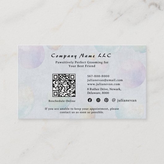 かわいい水色の子犬バブルスッドドッグトリマー 予約カード (裏面)