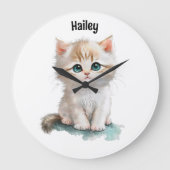 かわいい水色の子猫(青い目) ラージ壁時計 (正面)