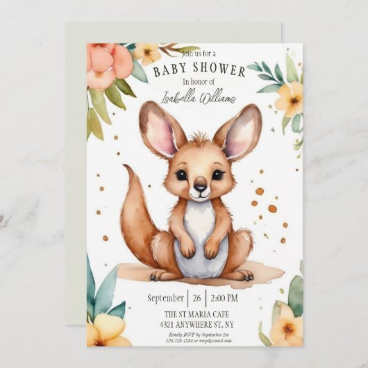 かわいい水色の小さなカンガルー赤ちゃんシャワー 招待状 (正面/裏面)