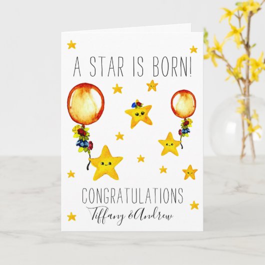 かわいい水色の星新生児 カード (黄色い花)