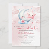 かわいい水色の月とピンクの星の赤ちゃんシャワー 招待状 (正面)