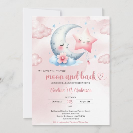 かわいい水色の月とピンクの星の赤ちゃんシャワー 招待状 (正面)