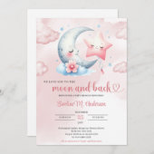 かわいい水色の月とピンクの星の赤ちゃんシャワー 招待状 (正面/裏面)