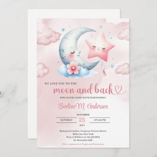 かわいい水色の月とピンクの星の赤ちゃんシャワー 招待状 (正面/裏面)