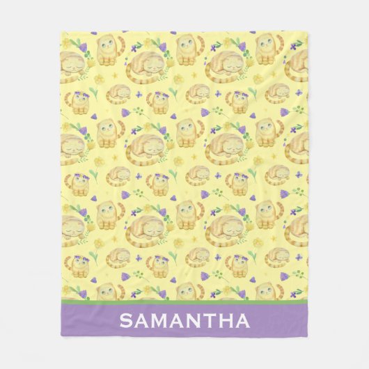 かわいい水色の猫たちパーソナライズされたイエロー フリースブランケット (正面)