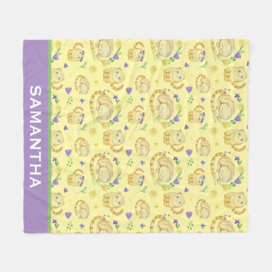 かわいい水色の猫たちパーソナライズされたイエロー フリースブランケット (正面(横))