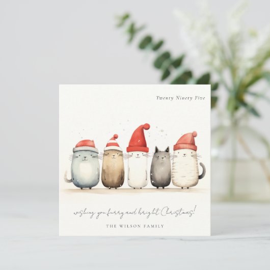 かわいい水色の猫たち、毛皮と明るいクリスマス シーズンカード (スタンド正面)
