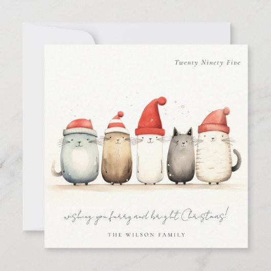 かわいい水色の猫たち、毛皮と明るいクリスマス シーズンカード (正面)