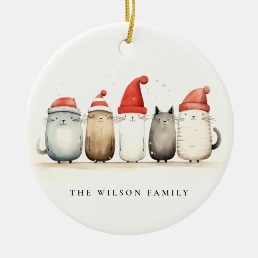 かわいい水色の猫たち、毛皮と明るいクリスマス セラミックオーナメント (正面)