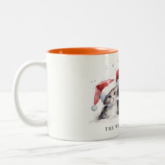 かわいい水色の猫たち、毛皮と明るいクリスマス ツートーンマグカップ (左)