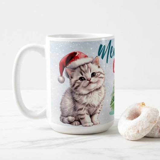 かわいい水色の猫サンタ・メリークリスマス コーヒーマグカップ (ドーナツ)