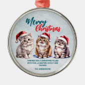 かわいい水色の猫サンタ・メリークリスマス メタルオーナメント (正面)