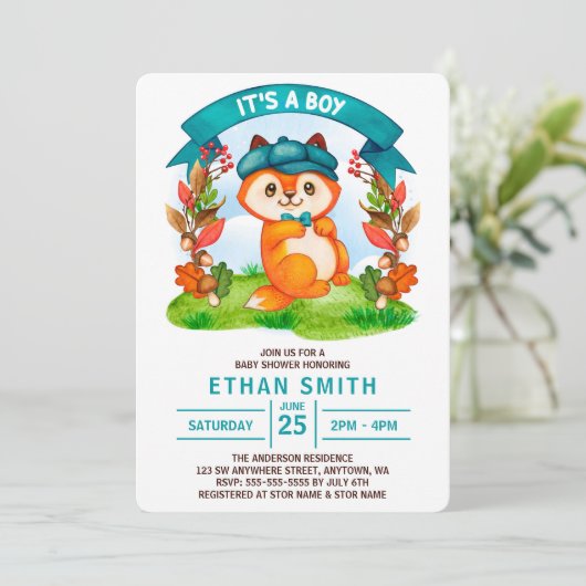 かわいい水色の男の子キツネベイビーシャワー 招待状 (スタンド正面)