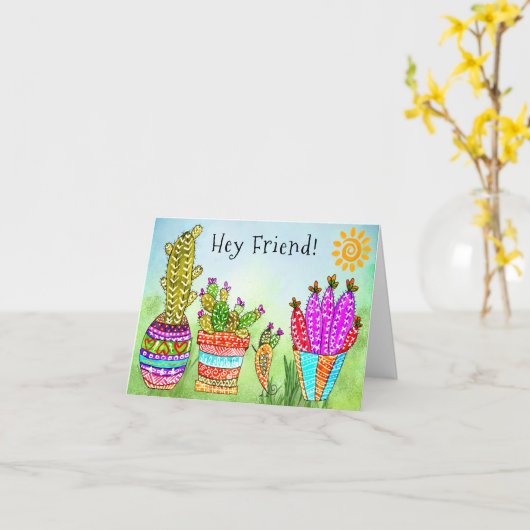かわいい水色の砂漠のサボテンのグリーティングカード カード (黄色い花)