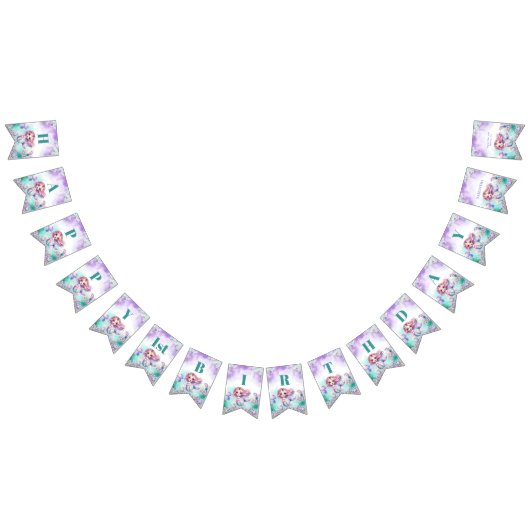 かわいい水色の紫とティール（緑がかった色）人魚の誕生日 バンティングフラッグ (全)