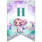 かわいい水色の紫とティール（緑がかった色）人魚の誕生日 バンティングフラッグ (第1の旗)