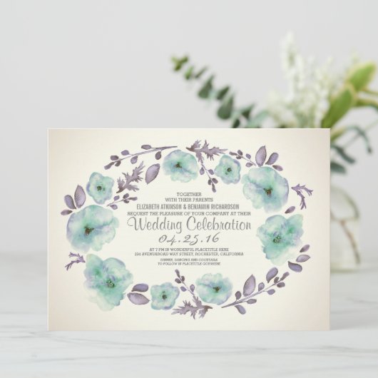 かわいい水色の花リース結婚式の招待 招待状 (スタンド正面)