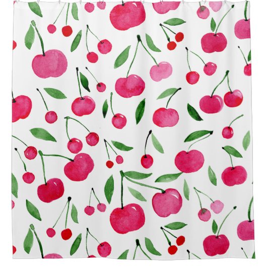 かわいい水色の赤いさくらんぼ シャワーカーテン (正面)