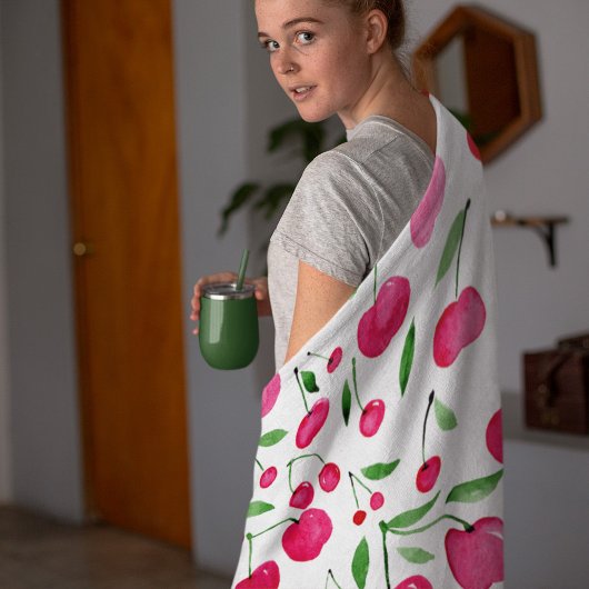 かわいい水色の赤いさくらんぼ フリースブランケット