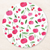 かわいい水色の赤いさくらんぼ ラウンドペーパーコースター (正面)