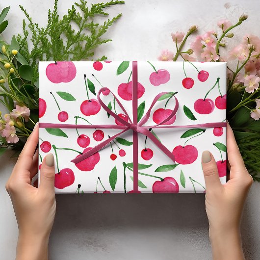 かわいい水色の赤いさくらんぼ ラッピングペーパーシート