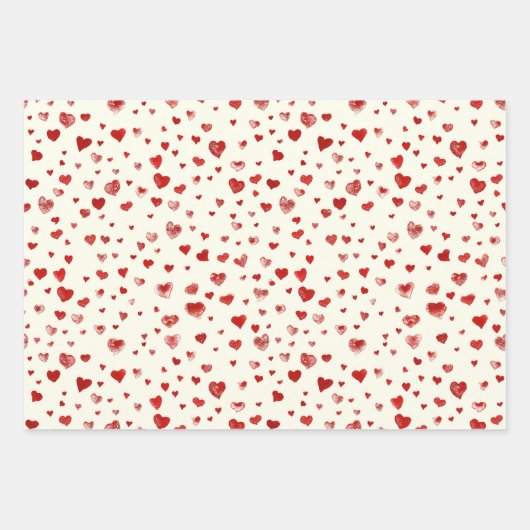 かわいい水色の赤いハートオンアイボリーホワイト ラッピングペーパーシート (正面3)