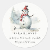 かわいい水色の雪だるまクリスマスアドレス ラウンドシール (正面)