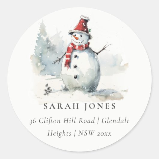かわいい水色の雪だるまクリスマスアドレス ラウンドシール (正面)